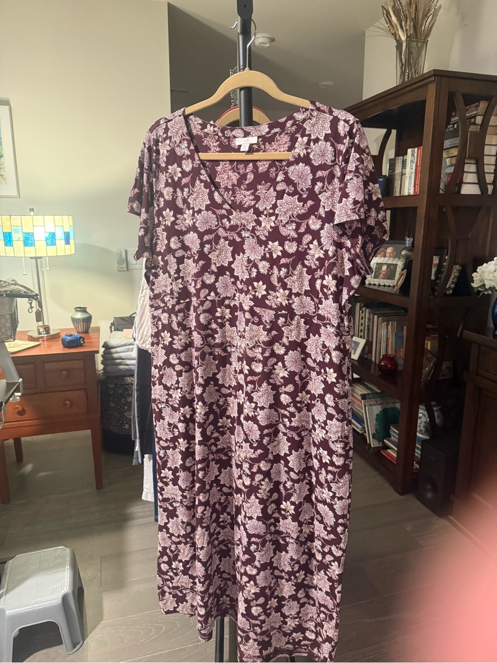 J. Jill Burgundy Floral V-Neck Short Sleeve Maxi Dress